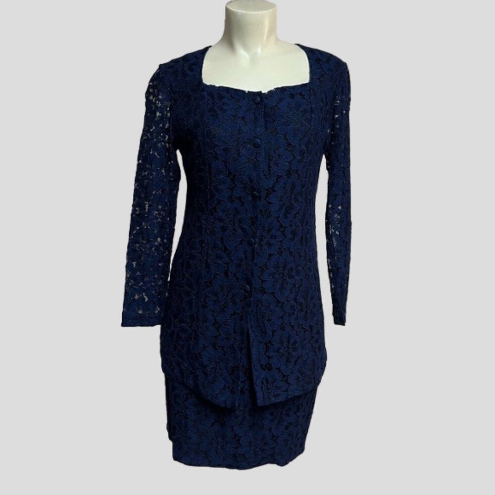 Concrete Blue Floral Lace Over Black 2 Piece Jacket & Pencil Skirt